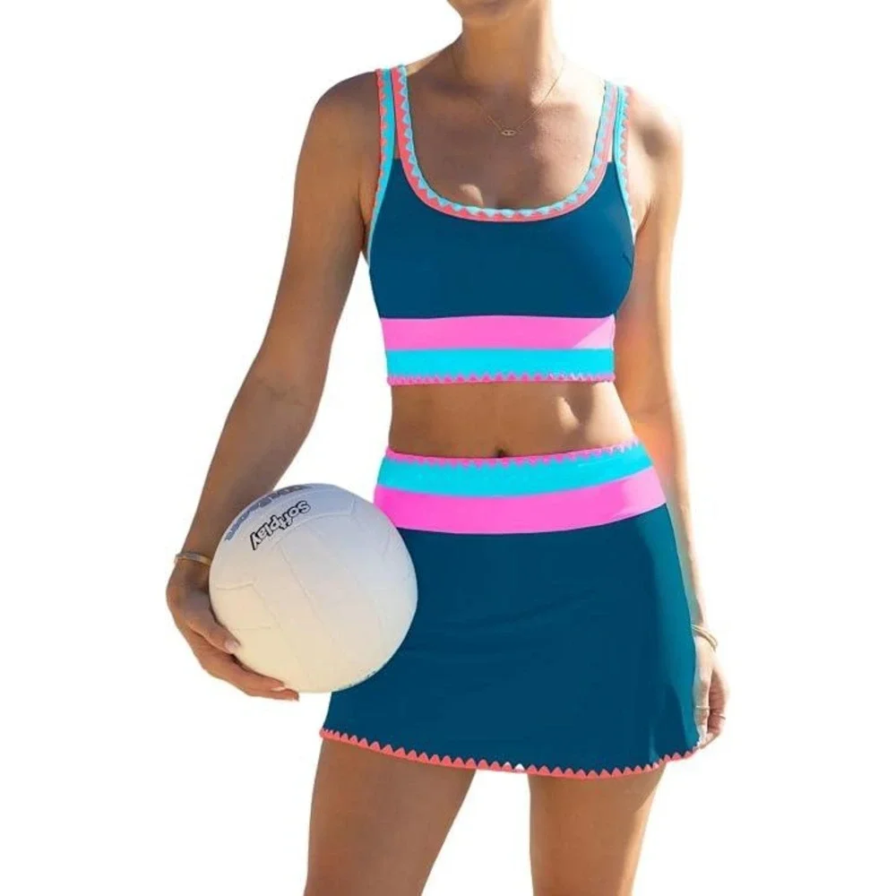 Popvil 3 Piece Swimsuit Set Teal Pink Colorblock Ric Rac Skirt Bikini Womens L